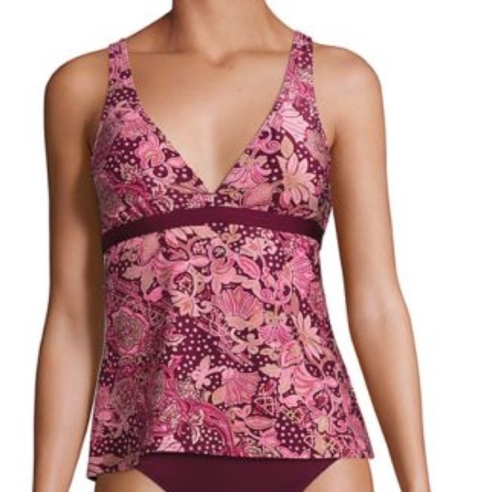 Carmen Marc Valvo Plum Ornamental Floral Tankini Swim Top
